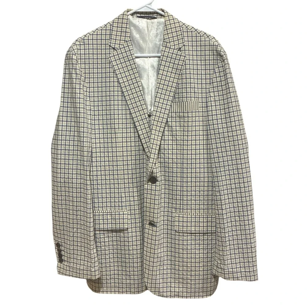 Robert Graham Mens Blue Cream Check Cotton Sport Coat Blazer 40 Paisley Lining